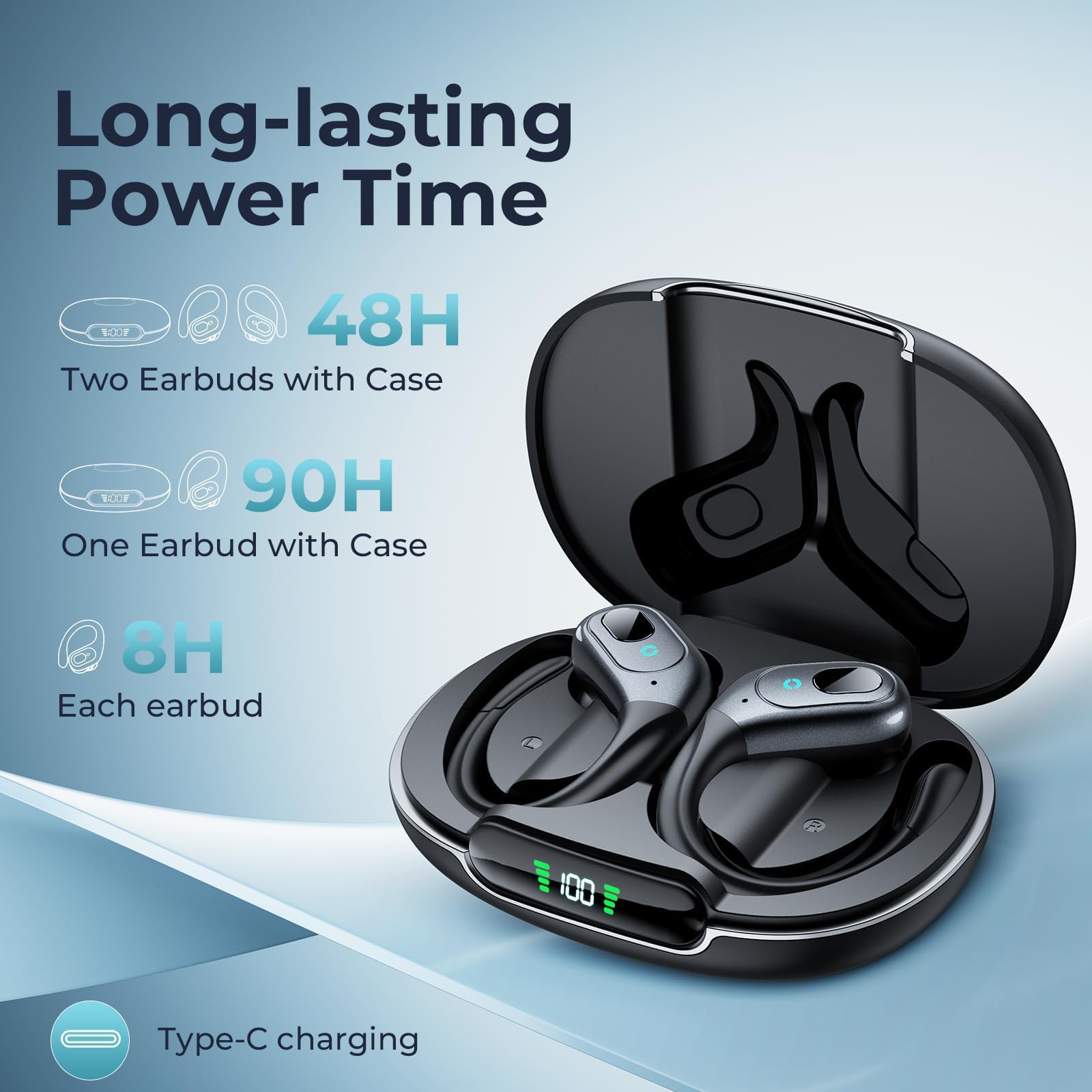 Occiam Active Noise Cancelling Wireless Bluetooth Earbuds 90H Playback Stereo Bass IPX7 Sports Black