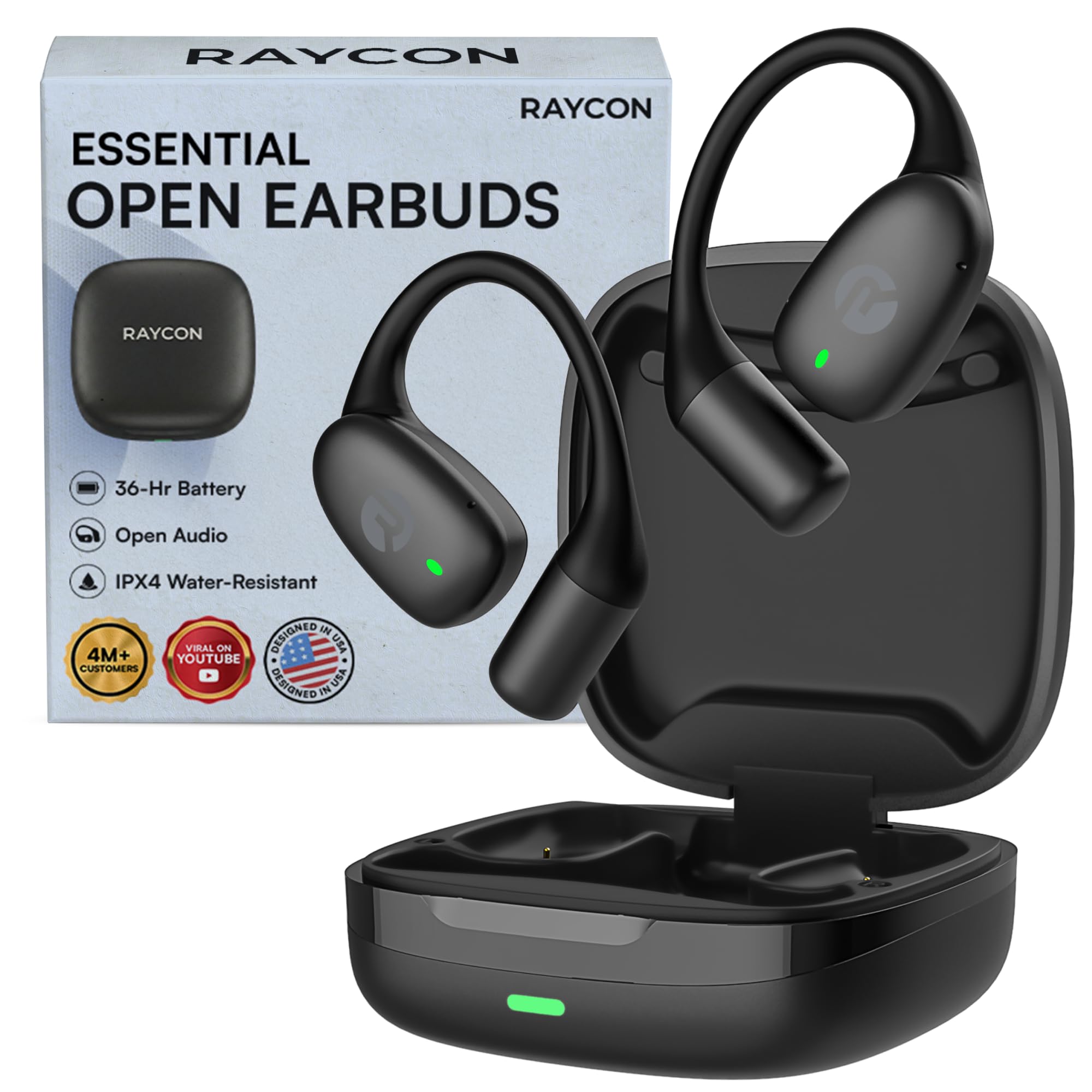 Raycon Essential Open Ear Wireless Bluetooth Earbuds Sweat Water Resistant 36H Battery Black