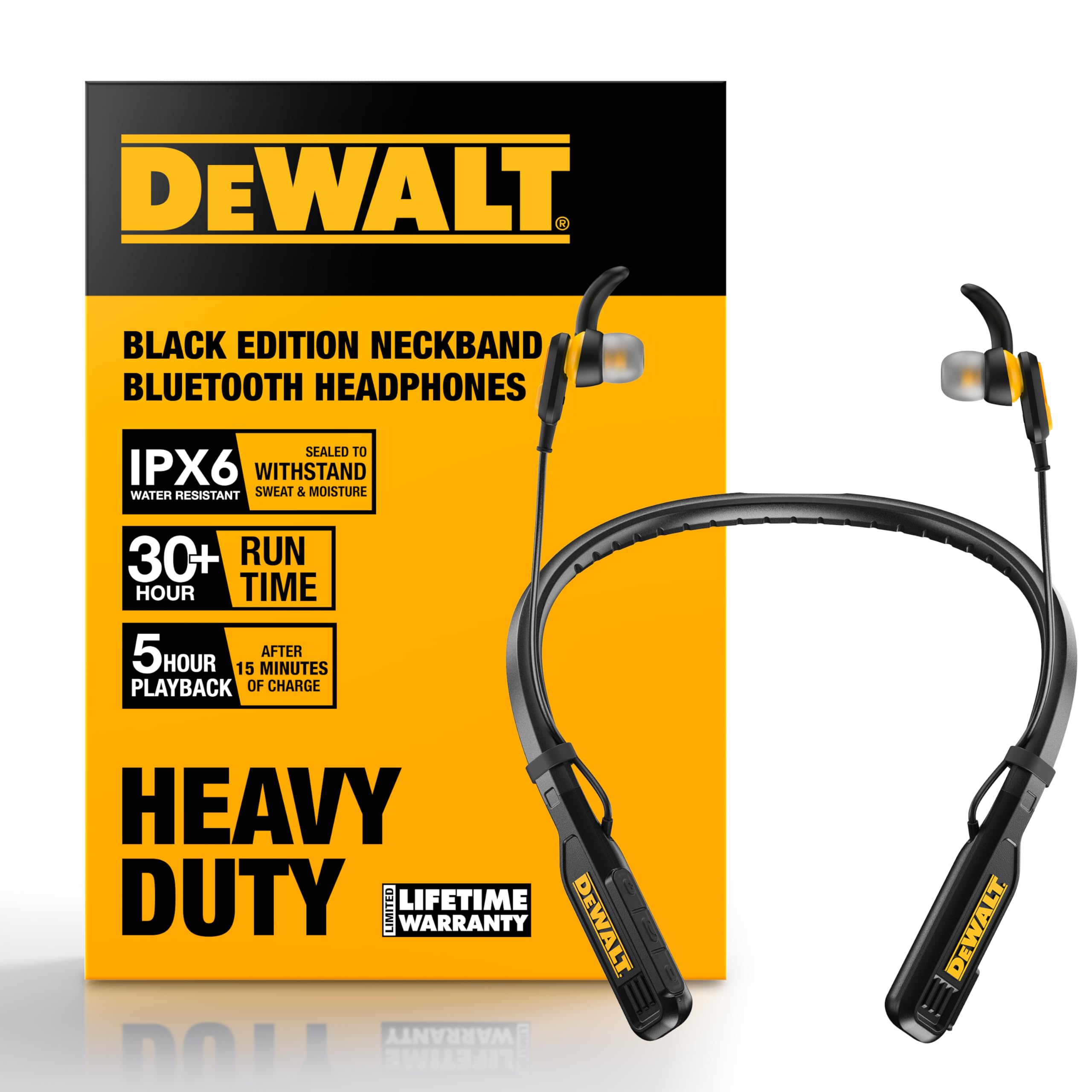 DEWALT Heavy Duty Magnetic Bluetooth Neckband Headphones Wireless Earbuds 30H Runtime Noise Isolation Black Edition