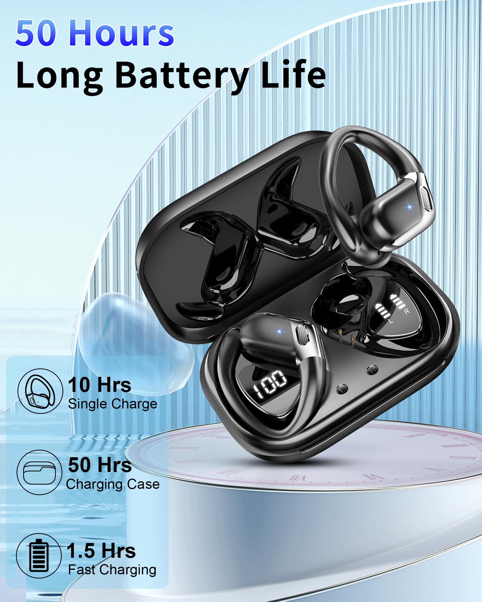 Wireless Earbuds Bluetooth 5.4 Sport Headphones ENC Mic 65H Playtime IP7 Waterproof with LED Display